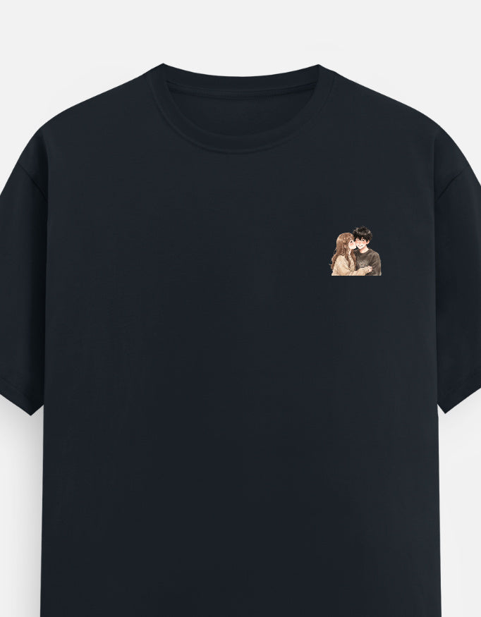 Unisex crewneck T-shirt, dark navy blue with small chest couple graphic
