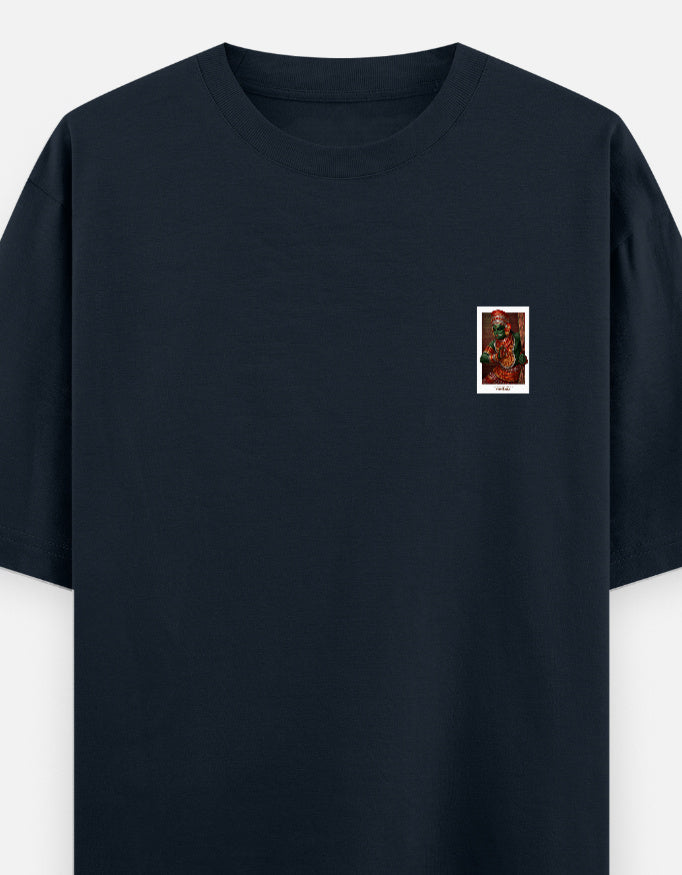 Navy blue oversized unisex round-neck T-shirt with small deity portrait graphic at chest