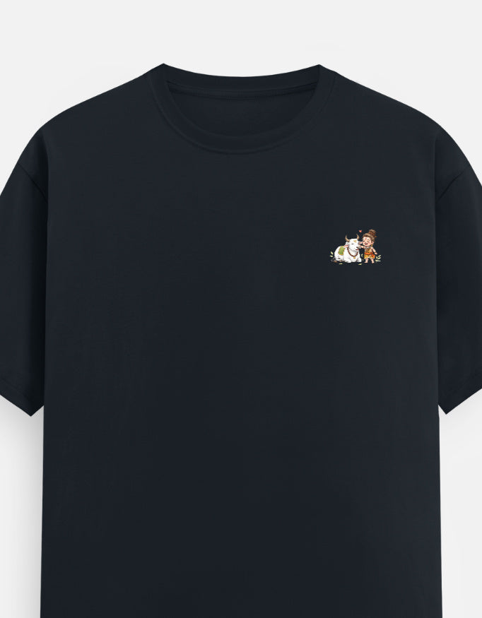Unisex crew neck graphic t-shirt in dark black, small chest character print