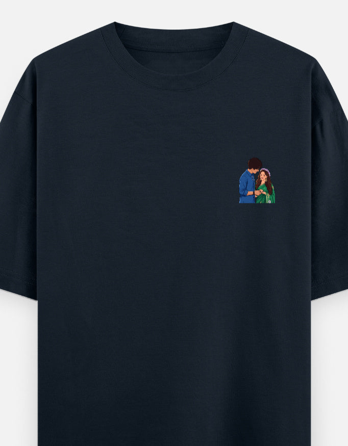 Unisex oversized crewneck T-shirt, dark navy, with small couple graphic on chest.