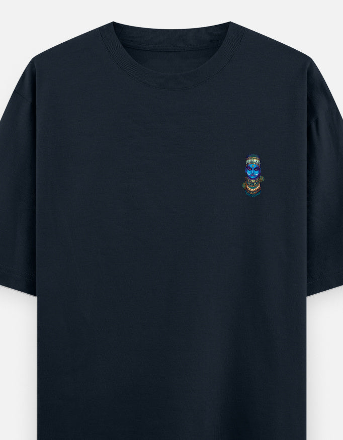 Navy blue unisex oversized round-neck T-shirt with small colorful face graphic on chest