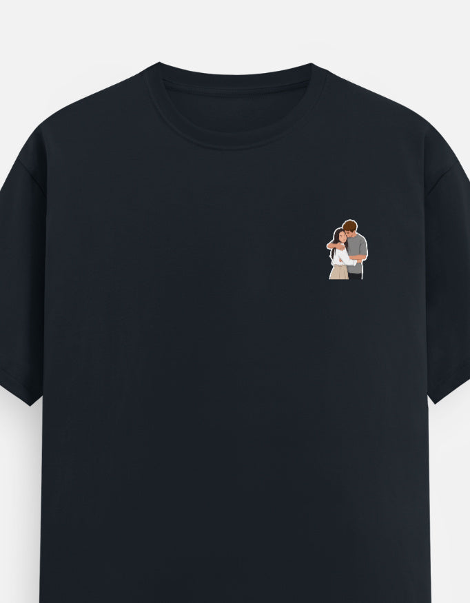 Dark navy unisex crew neck T-shirt with small chest couple graphic print.