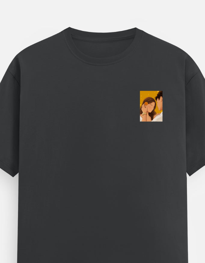 Steel grey unisex crewneck T-shirt with small square portrait graphic on the chest