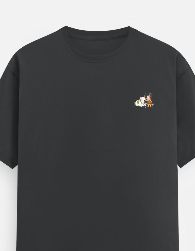 Unisex crew neck graphic t-shirt in dark gray, small chest character print