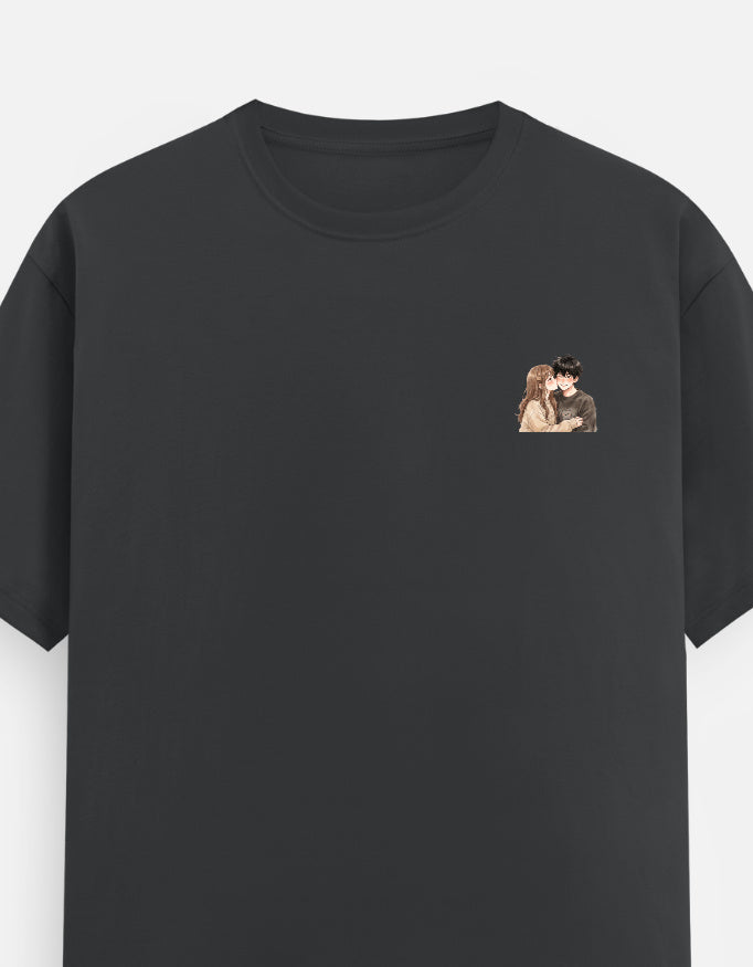 Unisex crewneck T-shirt, dark steel gray with small chest couple graphic