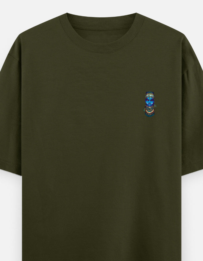 Olive green unisex oversized round-neck T-shirt with small colorful face graphic on chest