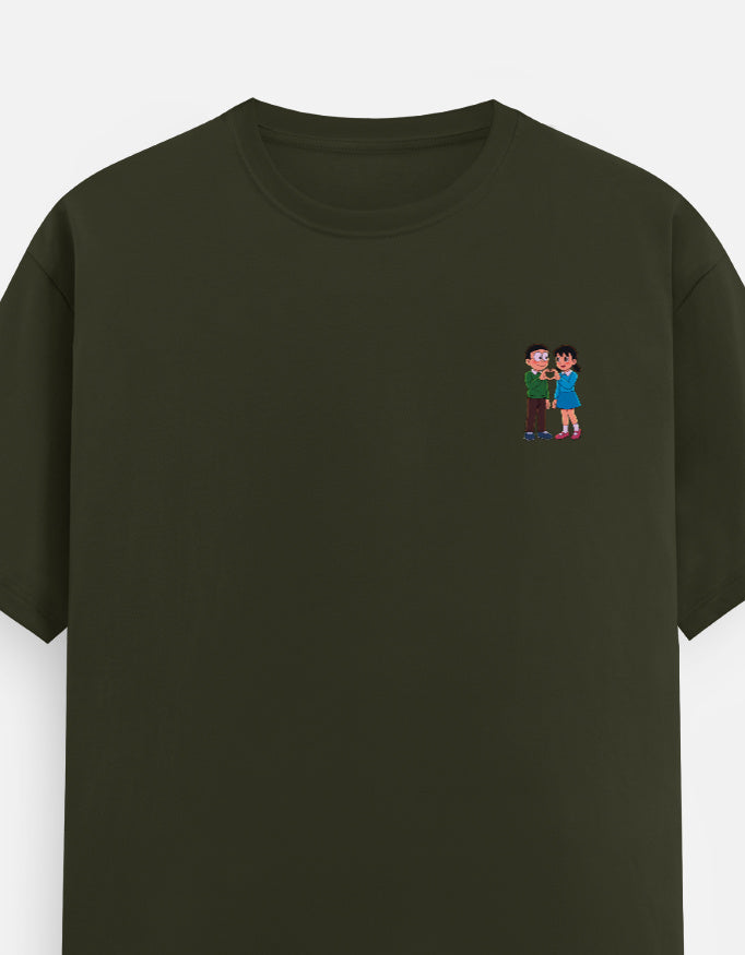 Olive green unisex crew-neck T-shirt with small colorful couple graphic on chest