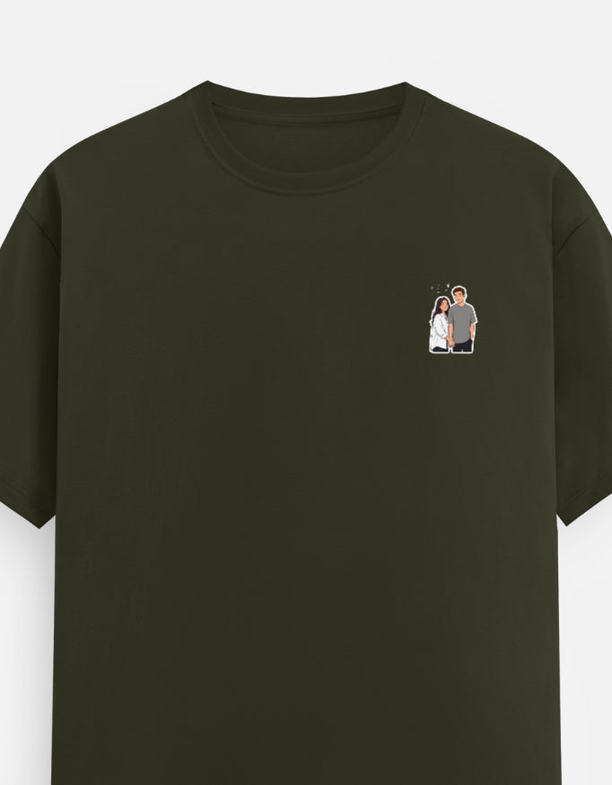 Olive green unisex crew-neck T-shirt with short sleeves and small chest graphic.
