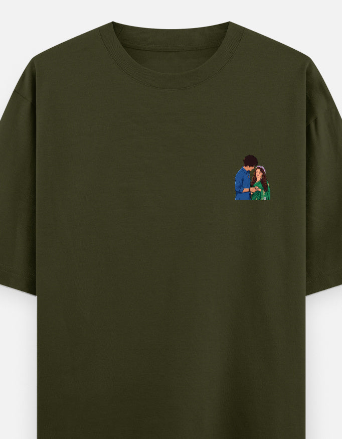 Unisex oversized crewneck T-shirt, olive green, with small couple graphic on chest.