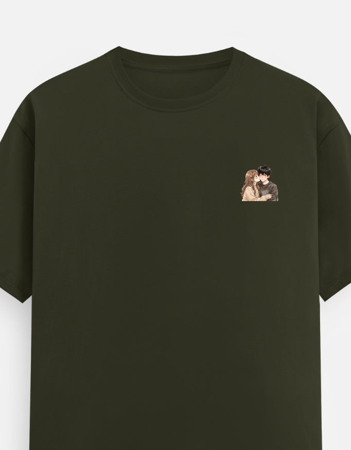 Unisex crewneck T-shirt, olive green with small chest couple graphic