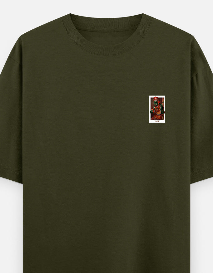 Oversized unisex round-neck T-shirt in olive green with small chest graphic print