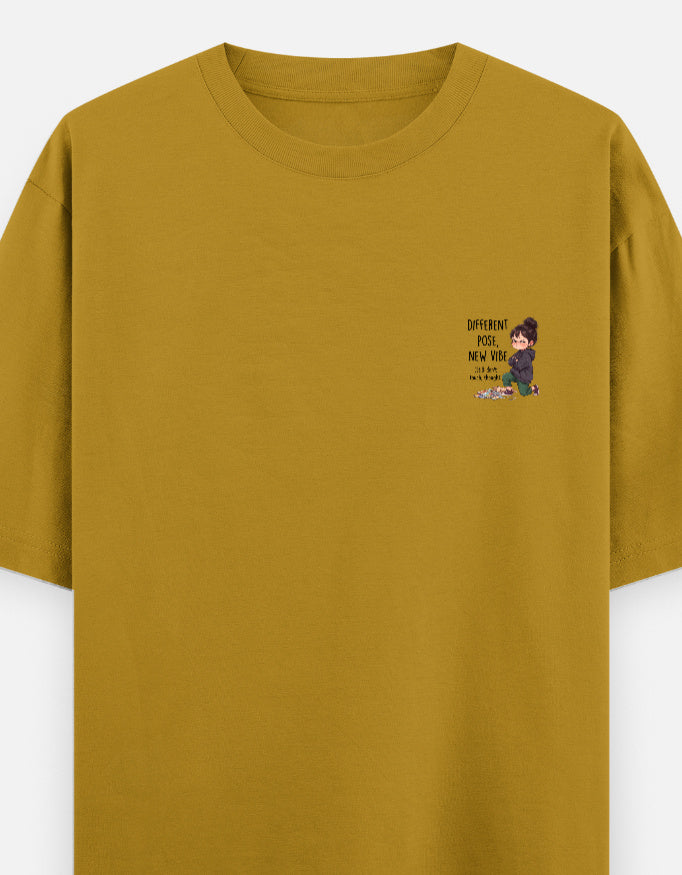 Unisex graphic oversized round-neck T-shirt in mustard yellow with small chest print.