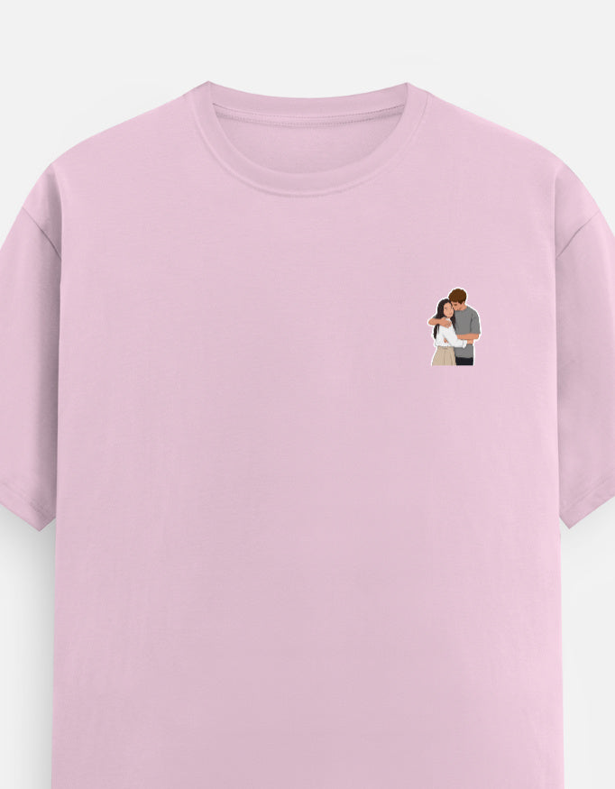 Light baby pink unisex crew neck T-shirt with small chest couple graphic print.