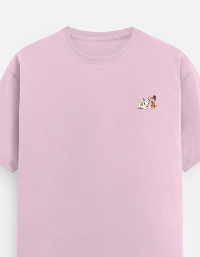 Unisex crew neck graphic t-shirt in light baby pink, small chest character print