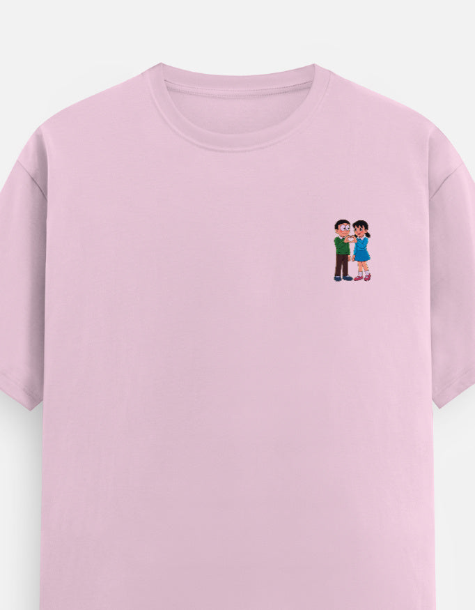 Light baby pink unisex crew-neck T-shirt with small colorful couple graphic on chest