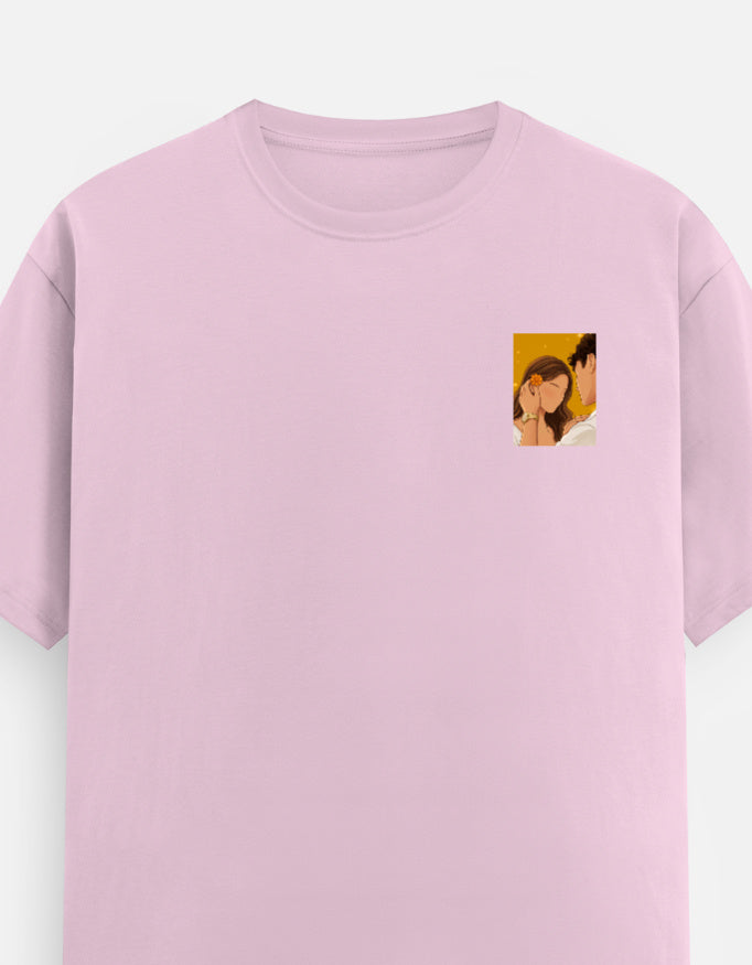 Light baby pink unisex crewneck T-shirt with small square portrait graphic on the chest