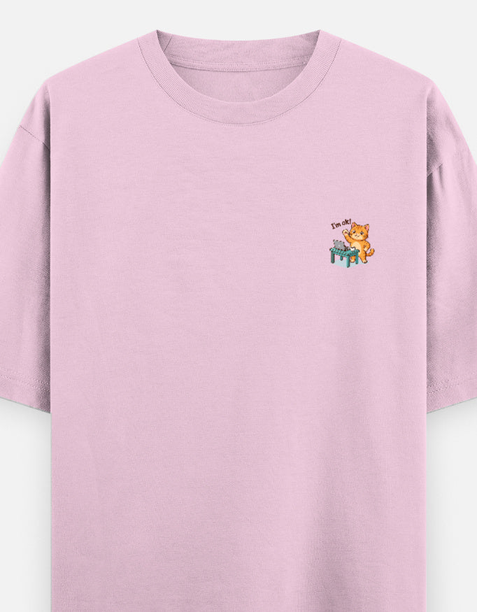 Unisex oversized round-neck T-shirt, light baby pink, small cartoon graphic on chest