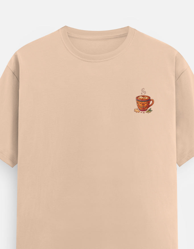 Peach unisex crew-neck T-shirt with small tea cup graphic on the chest.