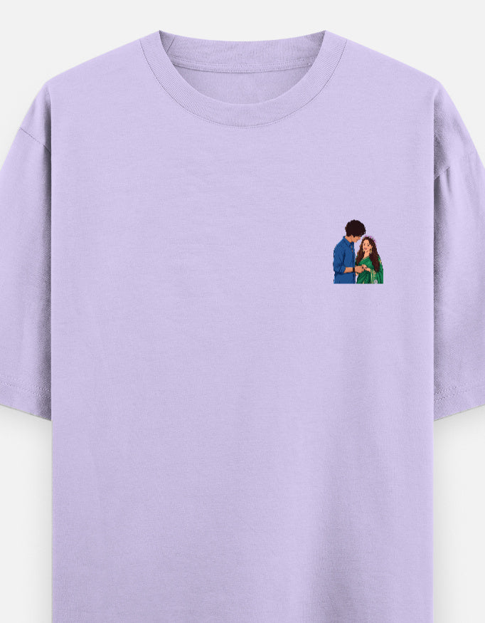 Unisex oversized crewneck T-shirt, lavender, with small couple graphic on chest.