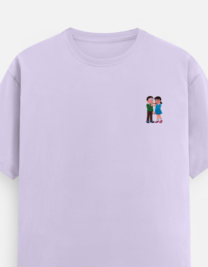 Lavender unisex crew-neck T-shirt with small colorful couple graphic on chest