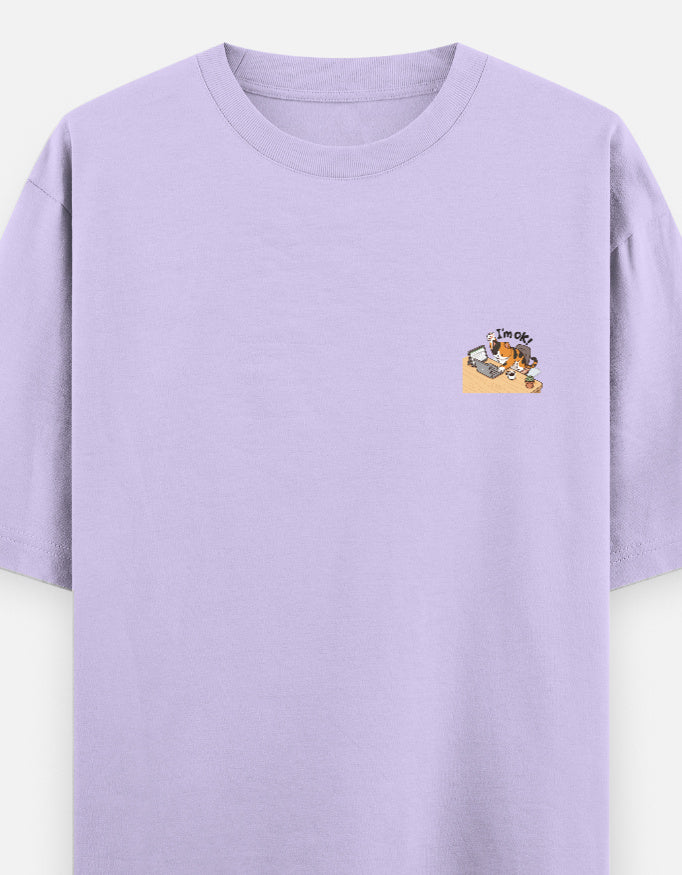 Lavender unisex oversized round-neck T-shirt with small chest graphic.