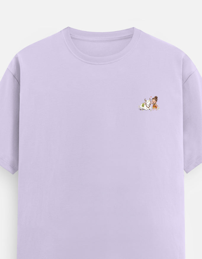 Unisex crew neck graphic t-shirt in lavender, small chest character print