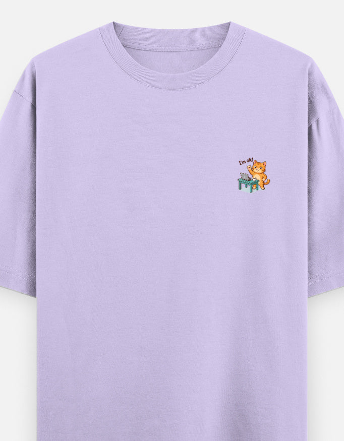Unisex oversized round-neck T-shirt, lavender, small cartoon graphic on chest