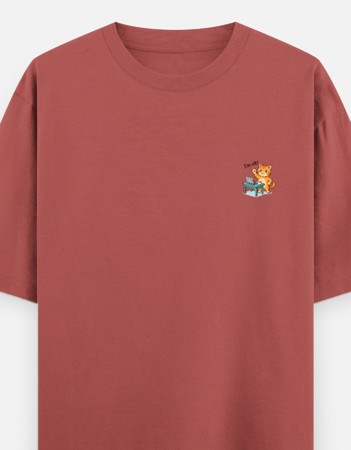 Unisex oversized round-neck T-shirt, coral, small cartoon graphic on chest