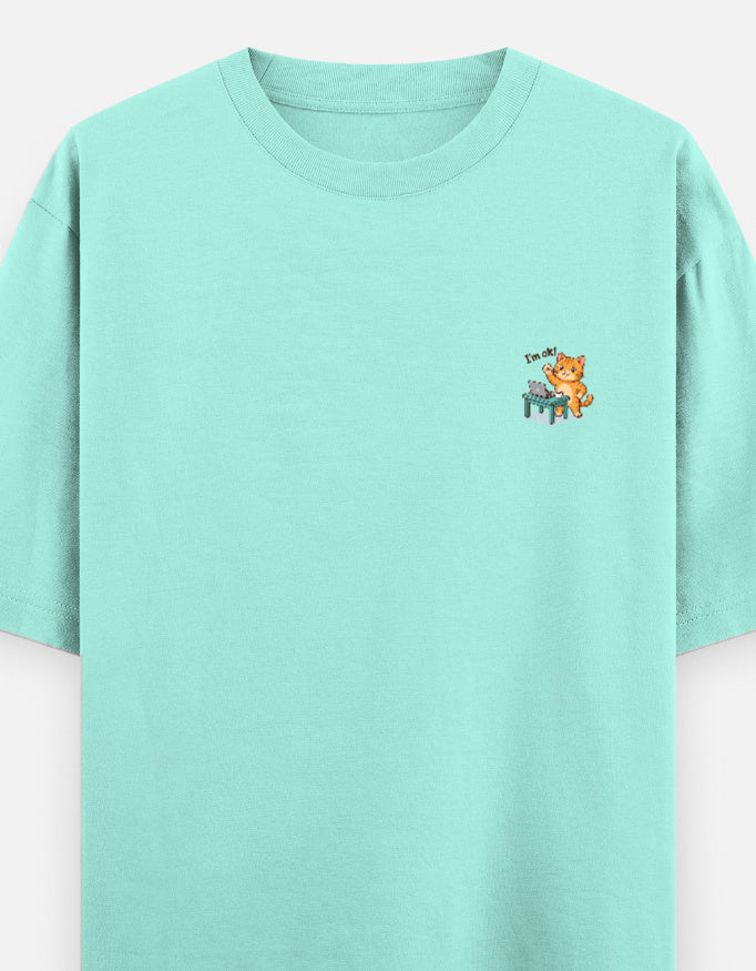 Unisex oversized round-neck T-shirt, mint, small cartoon graphic on chest
