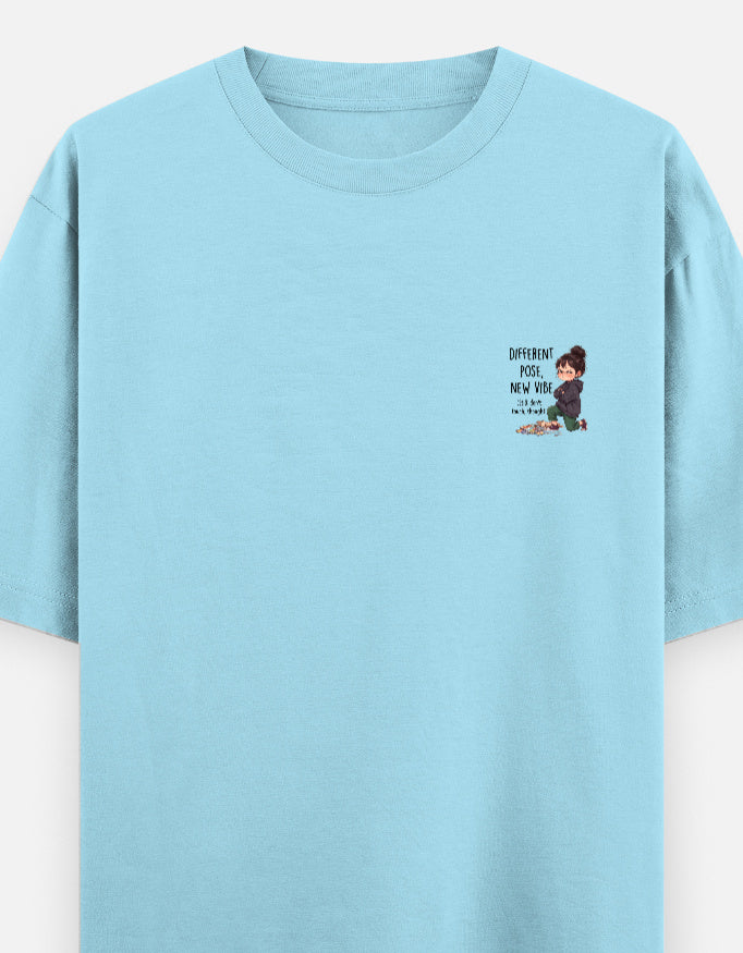 Unisex graphic oversized round-neck T-shirt in baby blue with small chest print.