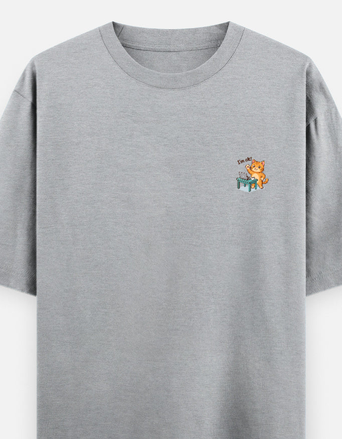 Unisex oversized round-neck T-shirt, grey melange, small cartoon graphic on chest