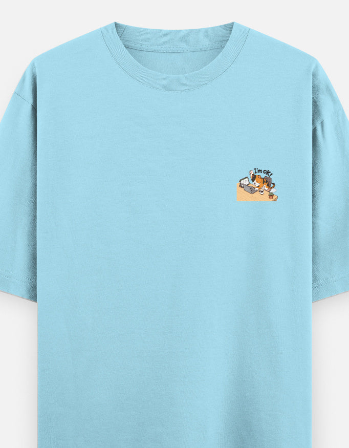 Baby blue unisex oversized round-neck T-shirt with small chest graphic.