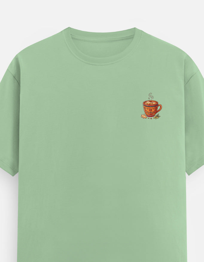 Jade green unisex crew-neck T-shirt with small tea cup graphic on the chest.