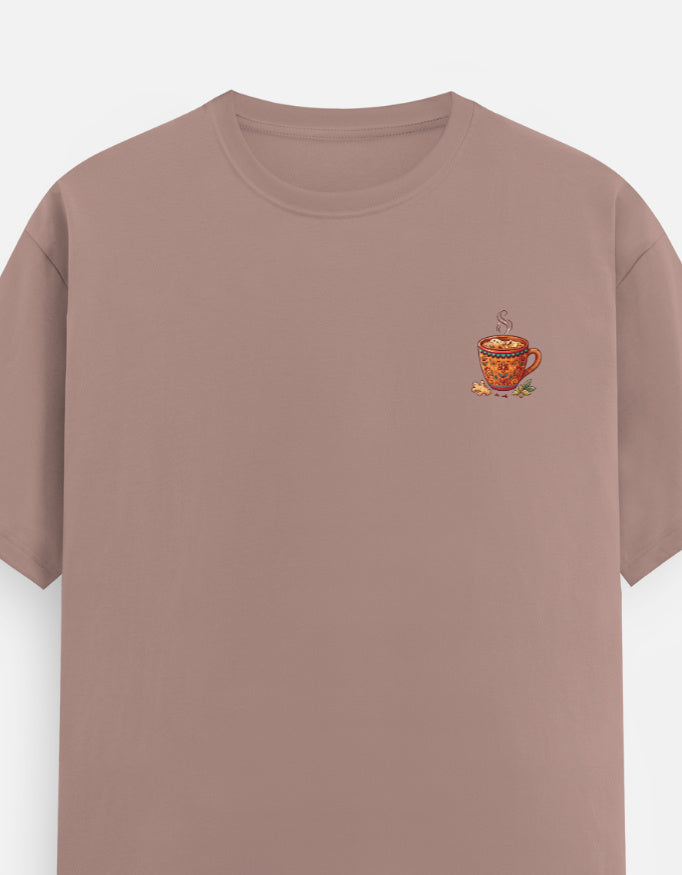 Mushroom beige unisex crew-neck T-shirt with small tea cup graphic on the chest.