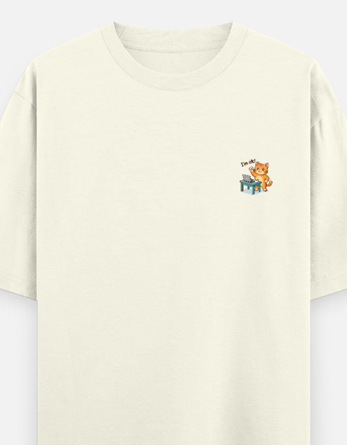 Unisex oversized round-neck T-shirt, off white, small cartoon graphic on chest