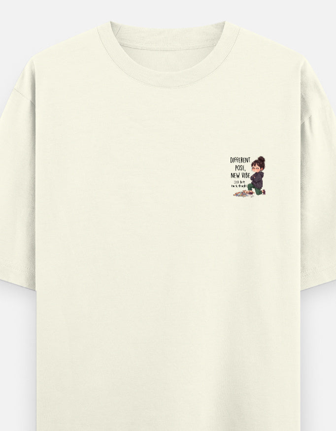 Unisex graphic oversized round-neck T-shirt in off-white with small chest print.
