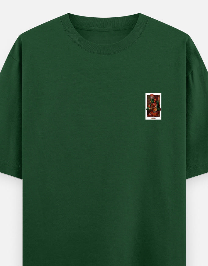 Oversized unisex round-neck T-shirt in dark green with small chest graphic print
