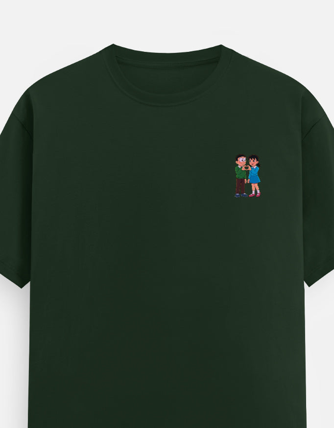 Bottle green unisex crew-neck T-shirt with small colorful couple graphic on chest