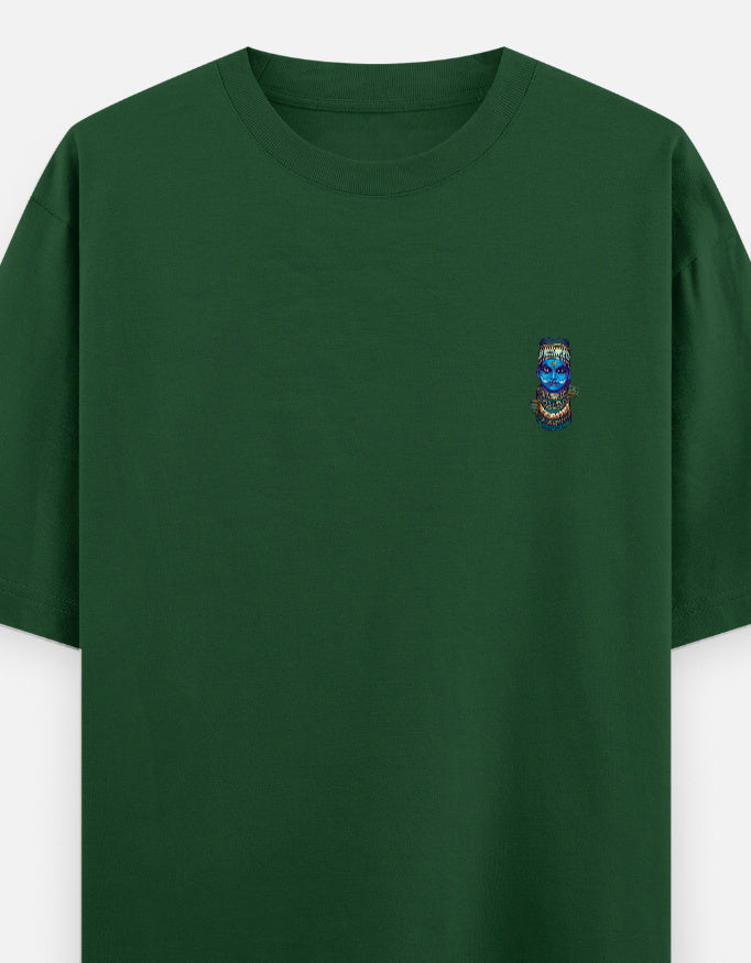 Bottle green unisex oversized round-neck T-shirt with small colorful face graphic on chest