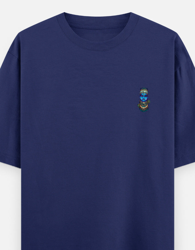 Royal blue unisex oversized round-neck T-shirt with small colorful face graphic on chest